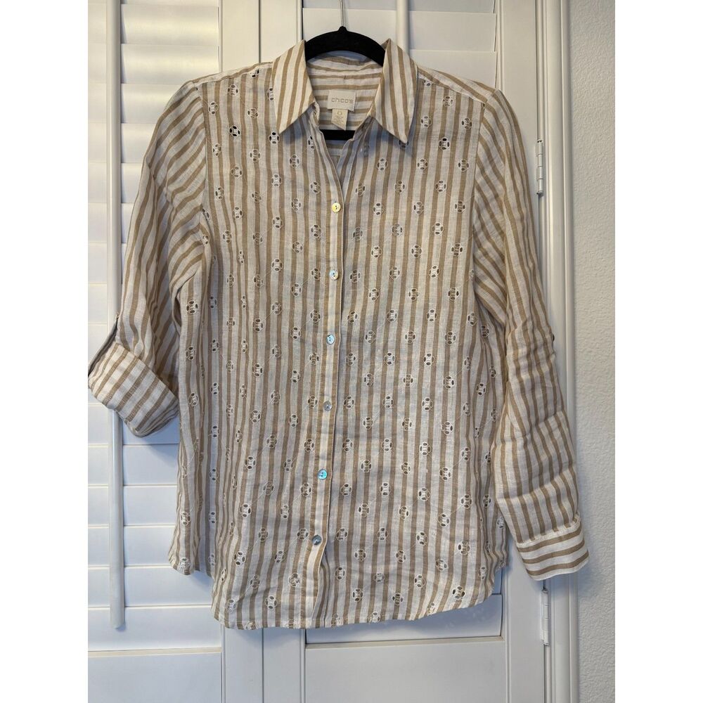 Chico's Coastal Grandma 100% Linen Shirt Size S Striped Eyelet Embroidered